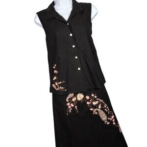 Vintage Ecologie Women 10 Embroidered Linen Blend 2 Piece Tank Skirt Set 90s